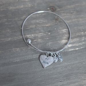 Bella Perlina Bangle Charm Bracelet #1 Mom Heart Stacking Slim Add Charms